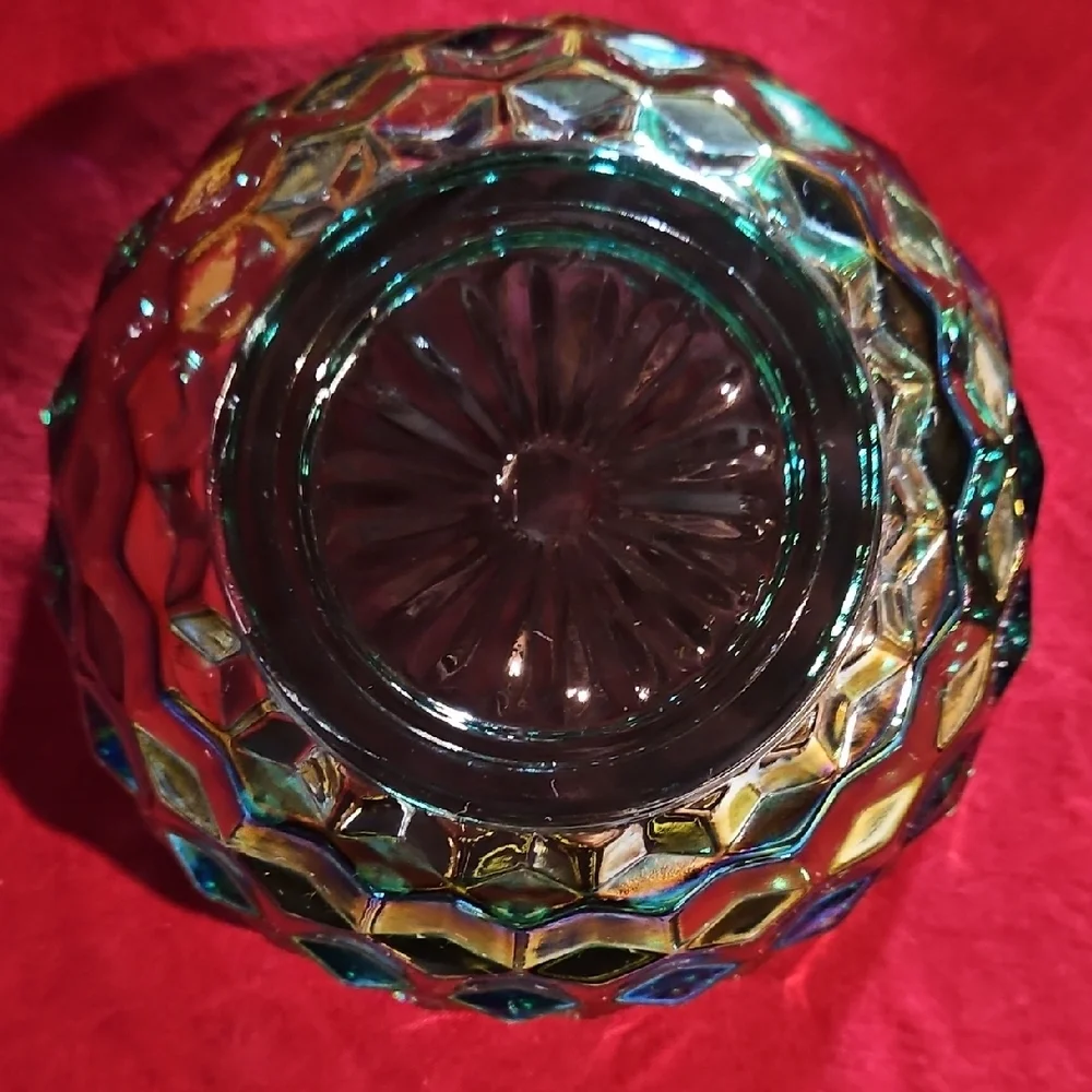 Indiana Glass Whitehall American Peacock Iridescent Carnival Cubist Covered Dish